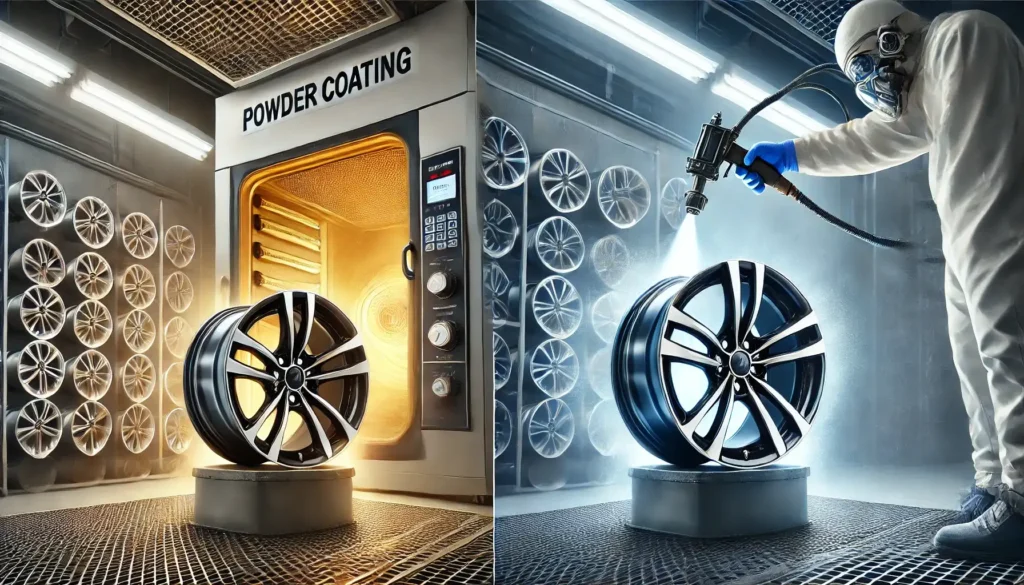 نمایی از فرآیند رنگ‌آمیزی تخصصی رینگ خودرو با دو روش کوره‌ای و مایع، نمایش یک کوره صنعتی و یک تکنسین در حال رنگ‌آمیزی با پیستوله.